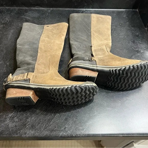 Sorel slimpack Tall Boots TanGrey two tone oiled leather waterproof Wm 9 - Picture 2 of 4